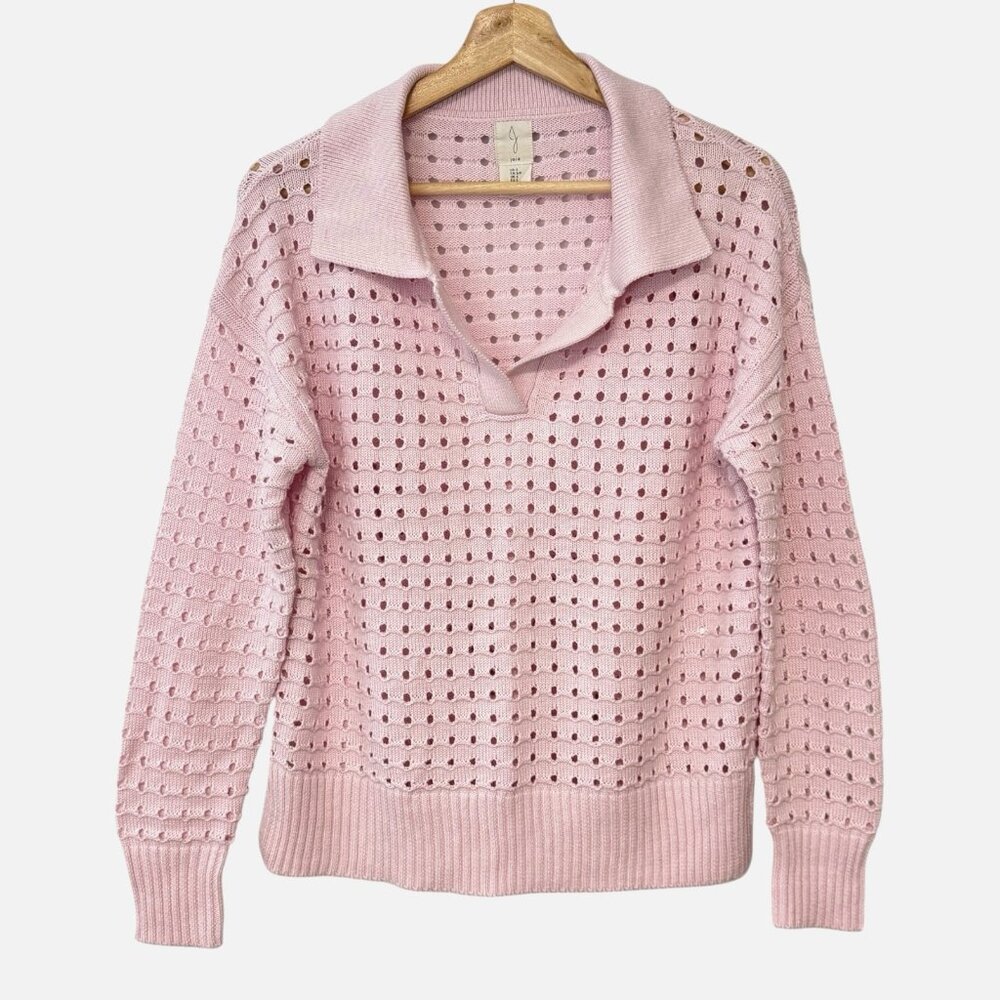 Joie Pale Pink Perforated Pointelle-Knit Top Eyelet Collared V-Neck Sweater S